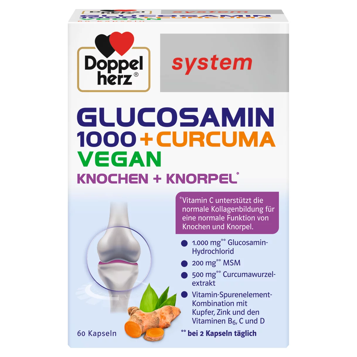 Illustration of the product packaging Doppelherz system  Glukozamin 1000 + Kurkuma Vegan front view